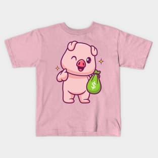 Cute Pig Holding Money Bag With Thumb Up Cartoon Kids T-Shirt